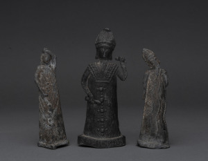 Three antique English pilgrim figures, cast lead, ​the largest 18cm high
