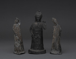 Three antique English pilgrim figures, cast lead, the largest 18cm high
