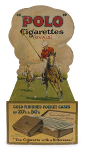"POLO" Cigarettes (Ovals) point-of-sale advertisement for W.D. & H.O. Wills, depicting some polo players on their ponies above a display of cigarettes in gold-coloured metal cases; circa 1920s. Colour lithograph on card, with rear supporting leg. 36cm high.
