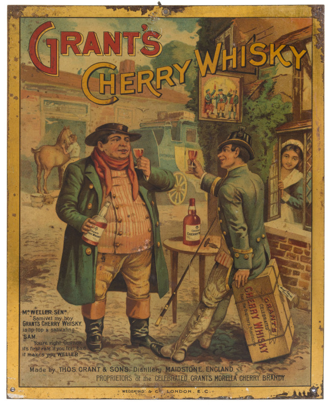 "GRANT'S CHERRY WHISKY" colour lithographic advertisement on tinplate, by Wedekind & Co., London; circa 1900, 32 x 25cm.