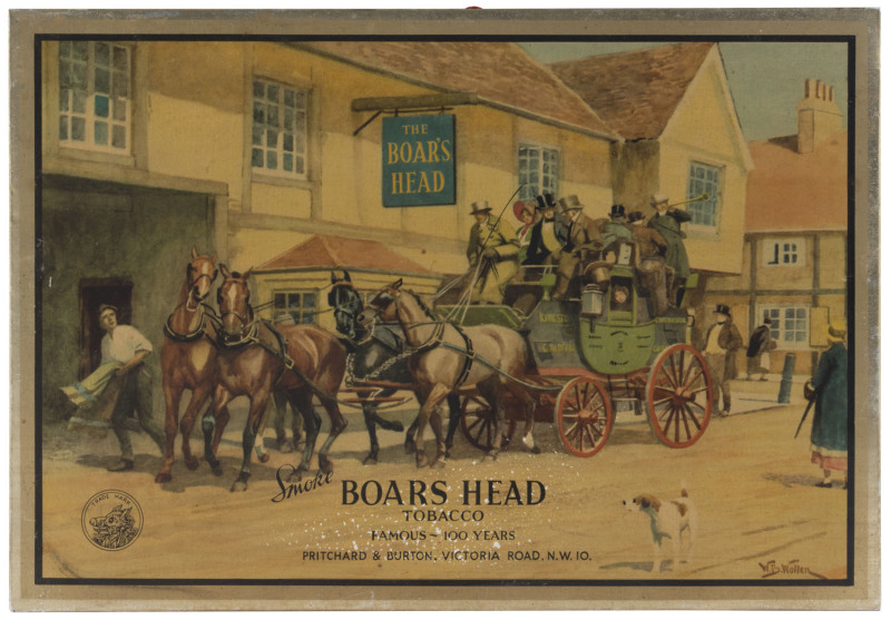"Smoke BOARS HEAD TOBACCO" colour lithographic point-of-sale advertisement on metal for the makers, Pritchard & Burton; with artwork by W.B.Wollen. 23 x 33cm.