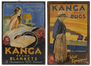 "KANGA BRAND - A CASTLEMAINE MILLS PRODUCT" - matching pair of point-of-sale advertising cards (with hangers) for "Kanga Brand Rugs" and "Kanga Brand Blankets", both advertisements with a red and black printed "seal" depicting a kangaroo standing on an "All Australian" base. Attractive colour lithographic printing; circa 1930; each 45.5 x 30cm. (2 items).