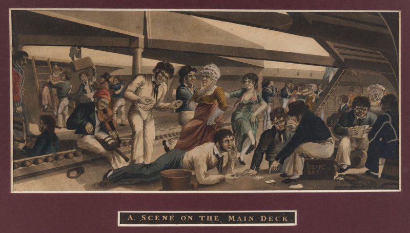 "The Midshipmen's Birth" and "A Scene on the Main Deck..." a pair of satirical hand-coloured aquatints, published around 1824 by M. Jenkins, Strand. (2) both approx. 20 x 40cm.