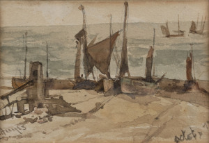 Edwin HAYES (English, 1819-1904) "Boats at Hastings", group of three small watercolours, circa 1870s; all similarly titled and framed for exhibition at The Pulitzer Gallery, 5 Kensington High St., London, W.8, around 1965. Each approx 30 x 32cm (incl. frames). (3).