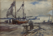 Edwin HAYES (English, 1819-1904) "Boats at Hastings", group of three small watercolours, circa 1870s; all similarly titled and framed for exhibition at The Pulitzer Gallery, 5 Kensington High St., London, W.8, around 1965.  Each approx 30 x 32cm (incl. fr - 3