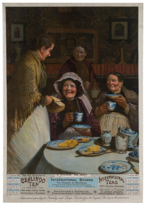 TEA ADVERTISEMENT: "A Ceylindo Tea Party." The Tea of Today is Ceylindo Tea. A Perfect Tea. Calendar 1905. The International Tea Company's Stores, Shippers and Merchants; chromolithographic poster, sheet size 73.5 x 48.5cm. Laminated and laid-down on thick card.