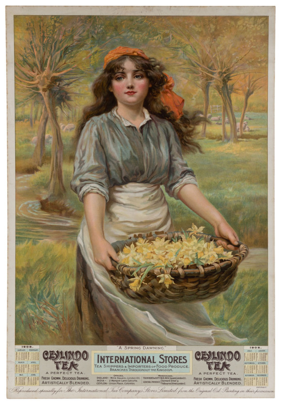 TEA ADVERTISEMENT: "A Spring Dawning." Ceylindo Tea. A Perfect Tea. Calendar 1908. The International Tea Company's Stores, Shippers & Importers; chromolithographic poster, sheet size 73.5 x 48.5cm. Laminated and laid-down on thick card.