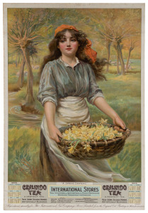TEA ADVERTISEMENT: "A Spring Dawning." Ceylindo Tea. A Perfect Tea. Calendar 1908. The International Tea Company's Stores, Shippers & Importers; chromolithographic poster, sheet size 73.5 x 48.5cm. Laminated and laid-down on thick card.