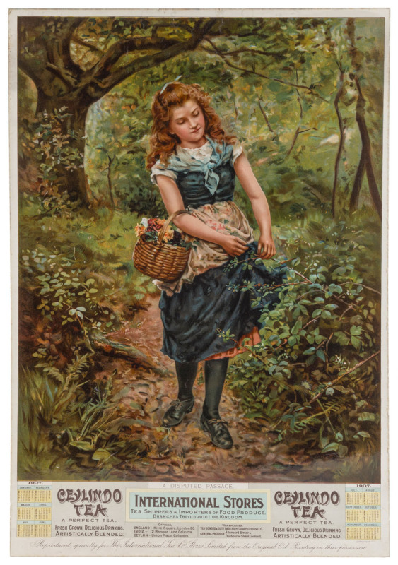 TEA ADVERTISEMENT: "A Disputed Passage." Ceylindo Tea. A Perfect Tea. Calendar 1907. The International Tea Company's Stores, Shippers & Importers; chromolithographic poster, sheet size 73.5 x 48.5cm. Laminated and laid-down on thick card.