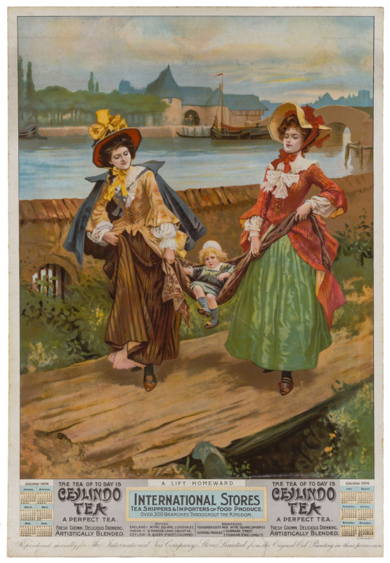 TEA ADVERTISEMENT: "A Lift Homeward." The Tea of Today is Ceylindo Tea. A Perfect Tea. Calendar 1906. The International Tea Company's Stores, Shippers & Importers; chromolithographic poster, sheet size 73.5 x 48.5cm. Laminated and laid-down on thick card.