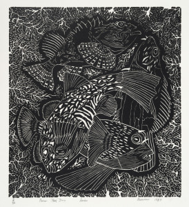 Kevin Pooaraar HAYWARD (Aboriginal, 1939 - 2004), Poison Fish Series, linocut, printed in black ink, from one block on wove paper, impression 2/30, signed and dated lower right below printed image, 'Pooaraar 1987'. Inscribed lower centre 'Poison Fish Series' '. Inscribed lower left '2/30', printed image 41 x 37cm. sheet 76 x 56cm.