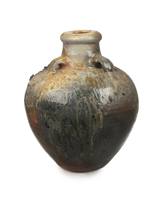 ROBERT BARRON Australian studio pottery vase with three lug handles, signed "R.B.", ​37cm high, 28cm wide