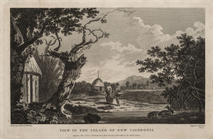 William HODGES (Britain, New Zealand, Australia, 1744-97) "The Landing at TANNA one of the NEW HEBRIDES.", "AFIA-TOO-CA, A BURYING PLACE IN THE ISLE OF AMSTERDAM.", "VIEW IN THE ISLAND OF NEW CALEDONIA", "MONUMENTS IN EASTER ISLAND" and "A TOUPAPOW WITH A CORPSE ON IT..." engraved plates based on Hodge's original drawings and paintings, published by W. Strahan & Tho's Cadell in the Strand, London, 1777 in James Cook's "A Voyage to the South Pole.". (5 items).