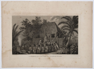 John WEBBER (1752 - 1793), "A HUMAN SACRIFICE, in a MORAI, in OTAHEITE.", "An OFFERING before CAP'T COOK, in the SANDWICH ISLANDS.", "A DANCE in OTAHEITE", and "A NIGHT DANCE by WOMEN, in HAPAEE" engraved plates based on Webber's original drawings and paintings, published Scatcherd and Whitaker in 1784, from Cook & King's, "A Voyage to the Pacific Ocean....". (4 items).