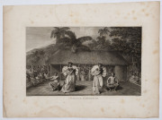 John WEBBER (1752 - 1793), "A HUMAN SACRIFICE, in a MORAI, in OTAHEITE.", "An OFFERING before CAP'T COOK, in the SANDWICH ISLANDS.", "A DANCE in OTAHEITE", and "A NIGHT DANCE by WOMEN, in HAPAEE" engraved plates based on Webber's original drawings and pai - 3