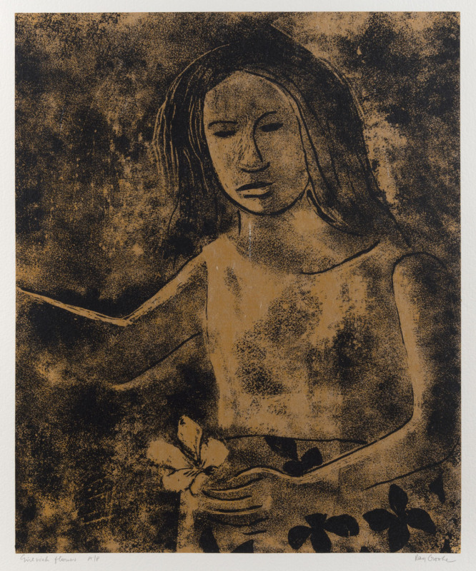 RAY AUSTIN CROOKE (1922 - 2015) Girl with flower, screenprint on rice paper adhered to Archers rag paper, marked "A/P", titled & signed to lower margin, 48 x 39cm (image size).