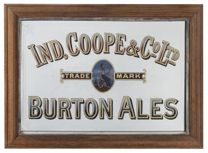 A VINTAGE ETCHED GLASS PUB MIRROR, for "Ind, Coope & Co., Ltd, Burton Ales", painted with the Britannia trademark, by O.C. Hawkes, Ltd., Birmingham, in original oak frame, overall 66 x 93cm.