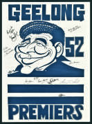 GEELONG: "Geelong 52 Premiers" Weg Caricature poster with 9 signatures including Bob Davis, Tom Morrow & Bill McMaster, framed, overall 51x71cm; plus 1929 Weekly Times poster for Geelong (framed, 57x43cm).