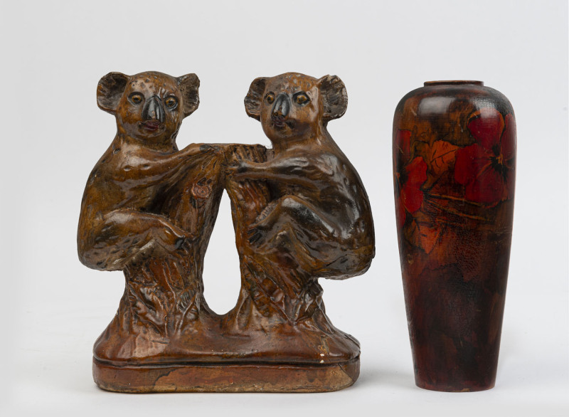 An Australian chalk ware koala statue; together with a pokerwork vase, early 20th century, (2 items), ​the vase 23cm high