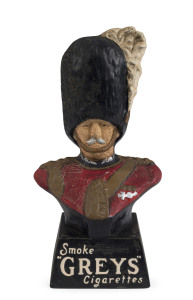 "SMOKE GREY'S CIGARETTES" point of sale advertising bust, painted compound rubber, early 20th century, 34cm high