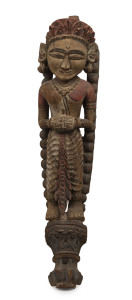 An Indian architectural statue of a female figure, carved wood with polychrome finish, 19th century, 69cm high