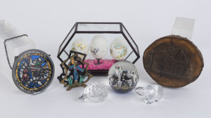 Souvenir wares, glass ornaments and painted egg display, 20th century, (7 items), the egg display 13cm high