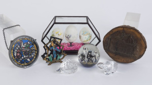 Souvenir wares, glass ornaments and painted egg display, 20th century, (7 items), ​the egg display 13cm high
