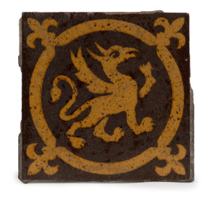 An English Medieval encaustic tile with griffin design, 12th-14th century, ​13.5 x 13.5cm