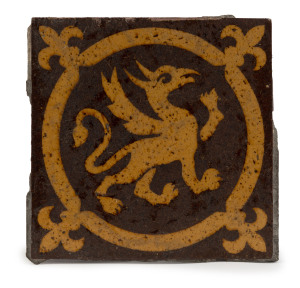 An English Medieval encaustic tile with griffin design, 12th-14th century, 13.5 x 13.5cm