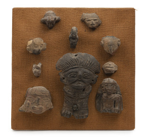 Pre-Columbian figural pottery items, mounted on display board, (10 items), the largest 15.5cm high