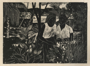 Ray Austin CROOKE (1922 - 2015), Untitled (Man & Woman in a Village), relief print on rice paper, 40.5 x 50cm. One other example known, in the Cairns Art Gallery Collection.