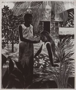 Ray Austin CROOKE (1922 - 2015), Untitled (Man & Woman gathering fruit), relief print on rice paper, 46 x 37cm.