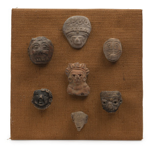 Pre-Columbian figural pottery items, mounted on display board, (7 items), ​the largest 7.5cm high