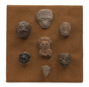 Pre-Columbian figural pottery items, mounted on display board, (7 items), the largest 7.5cm high