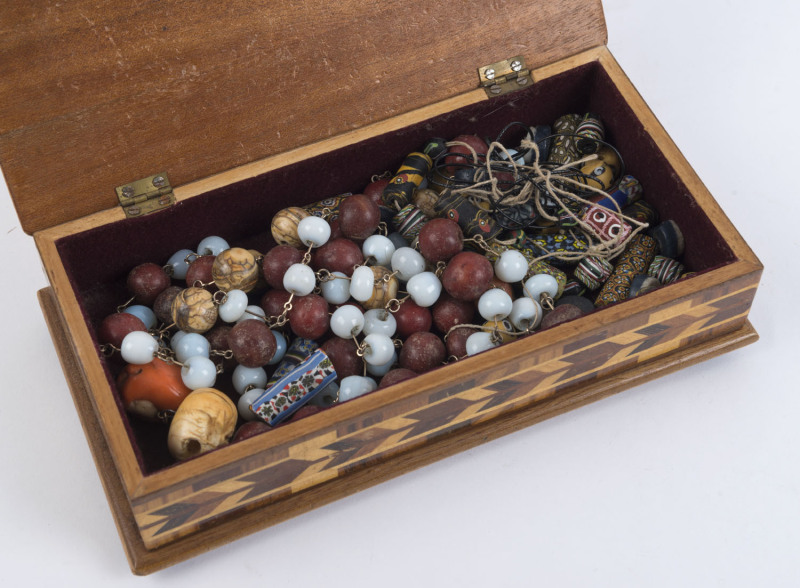 Collection of assorted beads, Tibetan and Murano glass, together with a timber box, the box 24cm wide