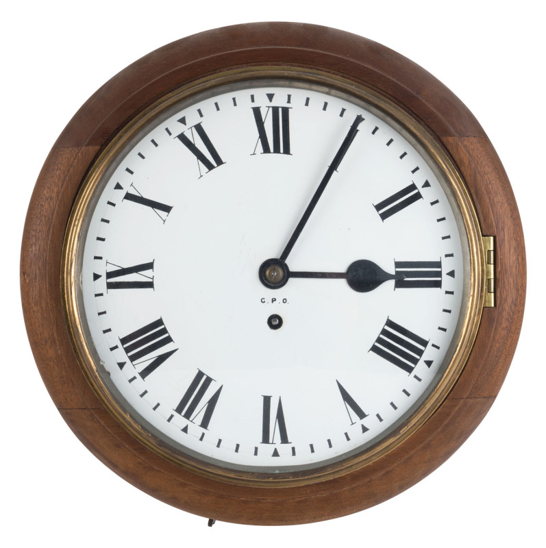 An English Post Office wall clock with fusee movement, dial marked "G.P.O.", 19th century, ​33cm diameter