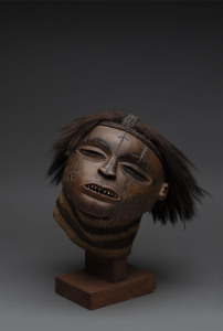 Female mask, carved wood, hair, shell and fibre, Kaluena/Bajokwe group, Angola, 31cm high