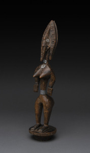 Ointment jar with female figure on lid, carved wood with metal decoration, Bambara tribe, Mali, 53cm high