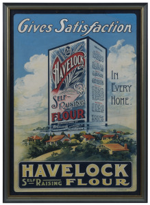 ADVERTISING: "HAVELOCK Self-Raising Flour" point-of-sale display card, printed by P.C.Prosser; circa 1920s. The Havelock Flour Factory was in Mt. Alexander Road, Flemington, Victoria. 31 x 44cm