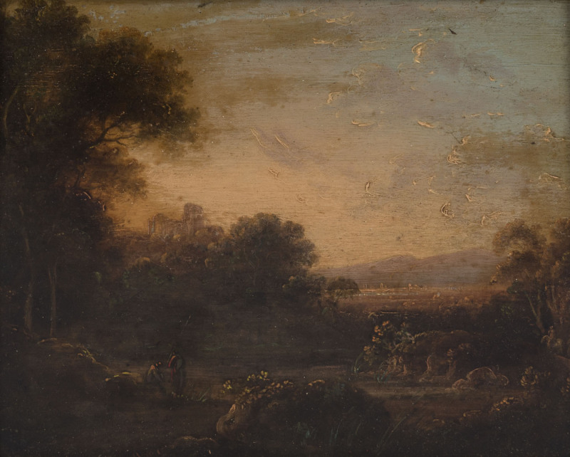 ENGLISH SCHOOL (Conversation at sunset), oil on board, circa 1820s, 23 x 28cm.