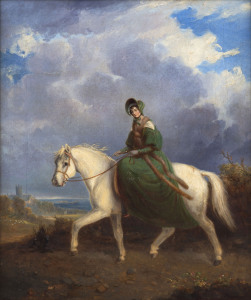 English School, (Lady in green on a white horse), oil on canvas, circa 1800, 36.5 x 30.5cm.