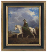 English School, (Lady in green on a white horse), oil on canvas, circa 1800, ​36.5 x 30.5cm. - 2