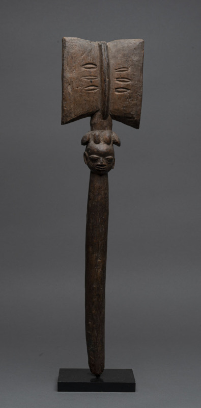 Shango staff, carved wood, Yoruba tribe, Nigeria, later wood stand, ​53cm high