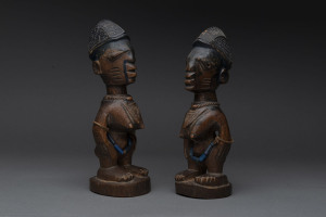 Two female Ibegi statues, carved wood, beads and fibre with remains of painted finish, Senufo tribe Ivory Coast, ​24cm high