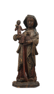 The Virgin Mary and baby Jesus statue, carved wood with polychrome finish, Spanish, 17th/18th century, 57.5cm high