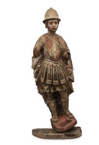 A figure depicting St. Michael the Archangel trampling on the devil (only the torso remains), carved wood with polychrome finish, 18th century, Spanish, 74cm high.