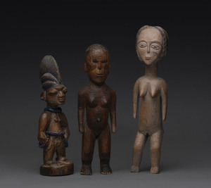 Three standing figures, carved wood, bead and polychrome finish, Ashanti, Yoruba and unknown, African origin, 32cm, 28cm and 22cm high