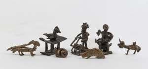 Seven assorted figural gold weights including a bird on a stool, cast bronze, Ashanti tribe, Ghana, the largest 5cm high