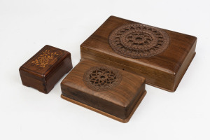 Three assorted carved and inlaid timber boxes, 20th century, the largest 31cm wide