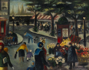 Joseph GREENBERG (1923 - 2007) Parisian street scene, oil on board, signed and dated '48 at lower right, 38.5 x 46.5cm.